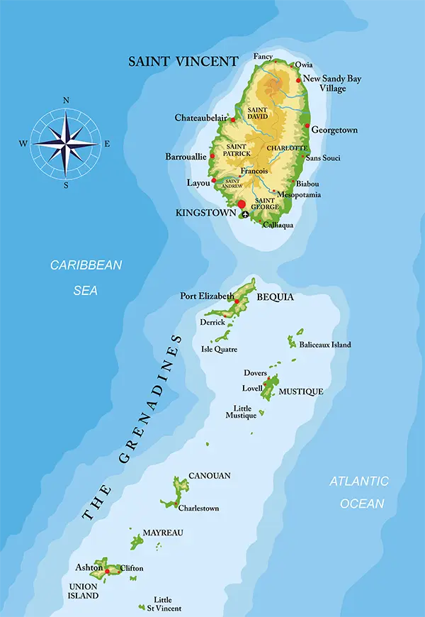 Map for Sailing Trips to St. Vincent and The Grenadines