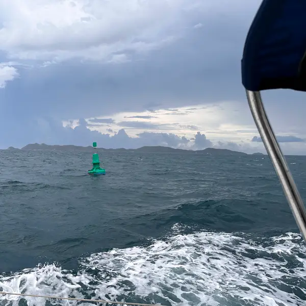 Starboard view of St. Johns as a squall passes overhead