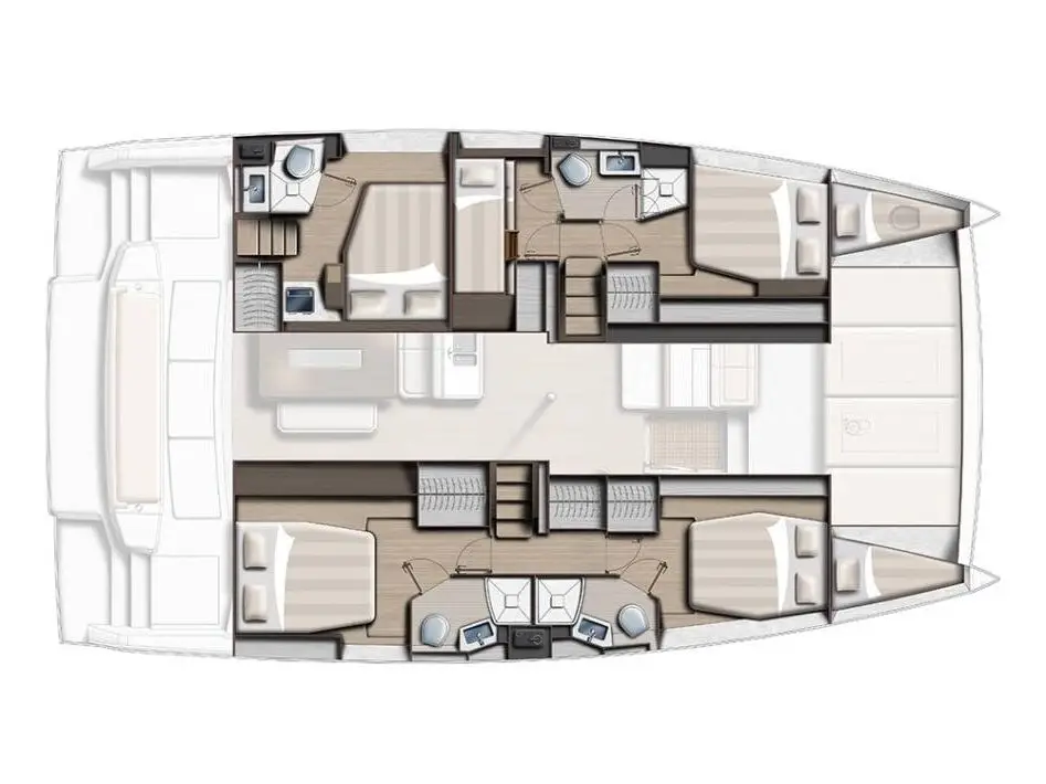 Lower Deck floor plan of a catamaran for private caribbean sailing trips