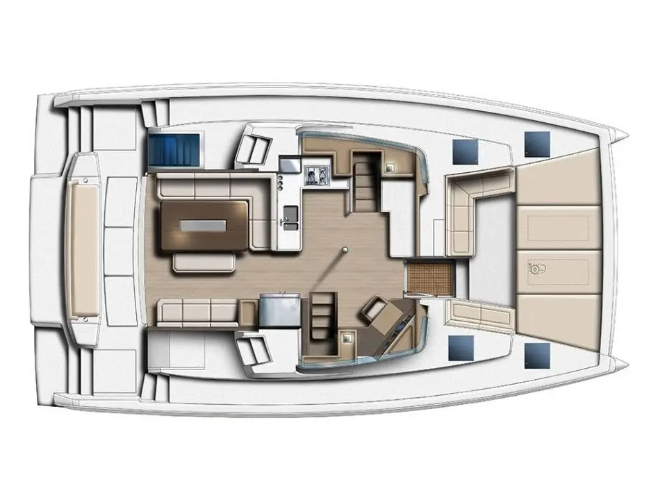 Middle Deck floor plan of a catamaran for private caribbean sailing trips